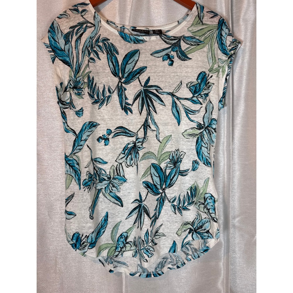 Tahari Women's White Blue Green Floral Linen Cap Sleeve‎ Tunic Top Shirt Size M